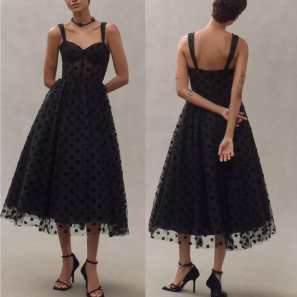 Black Tulle Polka Dot Midi Dress